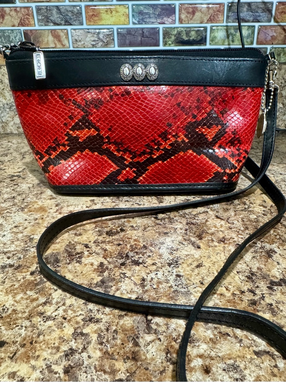 Brighton Vintage Red Snake-Print Crossbody Bag with Black Trim and Strap